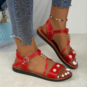 Sandalias planas bohemias con cuentas para mujer, zapatos de vacaciones de verano con correa en T y cadena de metal para el tobillo - Product Image 2