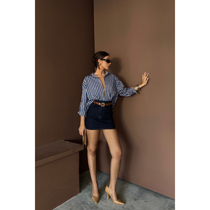 Camisa de Lino a Rayas Azul Marino para Mujer, Colección de Blusas y Camisas Elegantes - Product Image 5