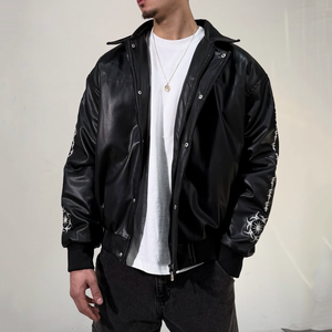 <span class=keywords><strong>Bomber</strong></span> <span class=keywords><strong>Bomber</strong></span> personalizzato <span class=keywords><strong>oversize</strong></span> da uomo giacca di pelle nera <span class=keywords><strong>Bomber</strong></span> di alta qualità - Product Image 2