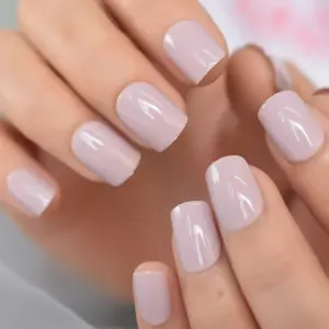 Light Nude Color Beauty For Girl Acrylic Fake Nail With Adhesive Tabs Short Squoval Press On Nails