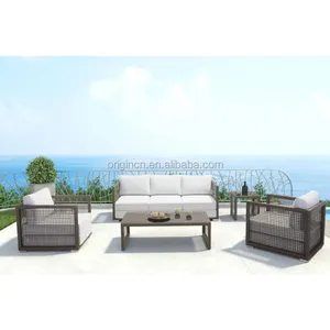 Terrazza Patio giardino mobili da esterno cuscini raddoppiati cesto aperto tessuto Rattan divano tavolo Set sedie