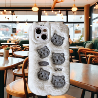 Nouveau chat brodé moelleux en peluche pour iPhone 15 Pro Max Couple 14 13 Protection complète 16 Pro Max housse en Silicone 12 étui souple 11