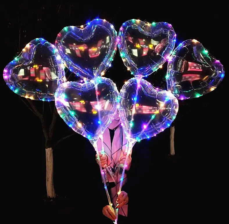 New arrival string round heart shape transparent bobo balloon stand with rose led light big size clear pvc globos stick handle