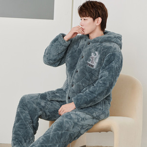 Pyjama d'hiver pour <span class=keywords><strong>homme</strong></span> à trois couches isolées avec doublure en <span class=keywords><strong>polaire</strong></span> et flanelle épaisse, vêtements de maison pour <span class=keywords><strong>homme</strong></span>, ensemble de vêtements de nuit en <span class=keywords><strong>polaire</strong></span> corail chaud - Product Image 4