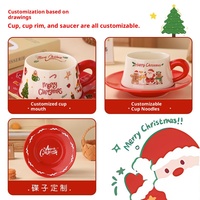 Offre Spéciale – Ensemble Tasse et Soucoupe en Céramique de Noël 280 ml avec Cuillère Dorée – Vert Olive et Rouge – Tasse à Thé et Café – Adorable Coffret Cadeau de Noël