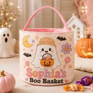 Cesto di Halloween in tessuto rosa con stampa di Halloween, manico a forma di <span class=keywords><strong>zucca</strong></span> e motivo floreale viola - Product Image 6