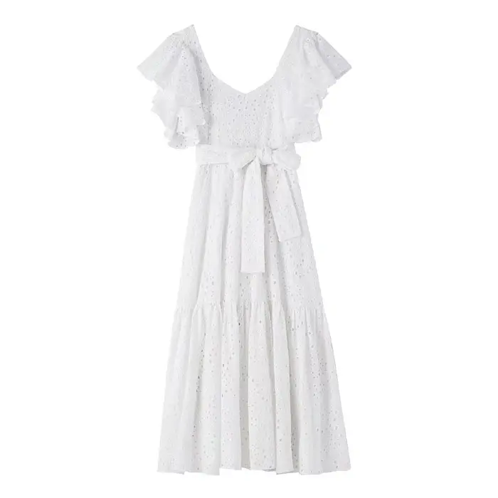 QZ2678 New 2022 European Fashion Design Ruffles Hollow Out Embroidery White Dress Women Sweet Dresses Clothing 6