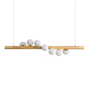 Indoor nordic modern wooden pattern E14 chandelier light wood white glass ball pendant lamp