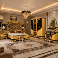 Ensemble de Meubles de Chambre Royal Sculpté à la Main, Style Turc Moyen-Oriental de Luxe Antique, Cinq Pièces, Noir et Or, Africain Américain