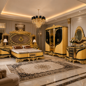 Ensemble de Meubles de Chambre Royal Sculpté à la Main, Style Turc Moyen-Oriental de Luxe Antique, Cinq Pièces, Noir et Or, Africain Américain - Product Image 5