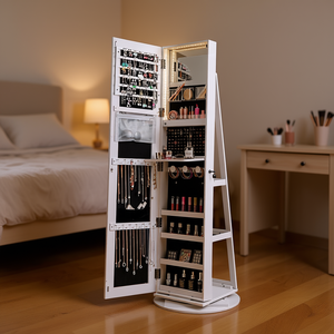 Armoire à bijoux rotative DB 360 avec miroir et éclairage LED, organisateur verrouillable en plastique blanc 20-35L - Product Image 2