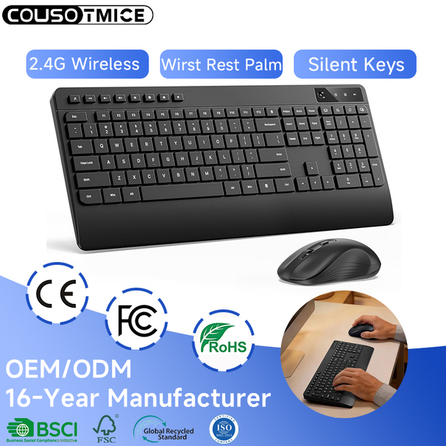 OEM ODM 109 Keys 2.4G Wireless Keyboard and Mouse for Computer RGB Silent Cordless Membrane Keyboard with Ergonomic Wrist Rest