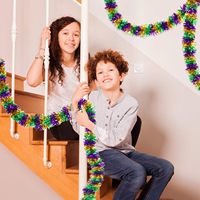 Hiasan Garland Tinsel Metalik Ungu Hijau Emas Mardi Gras 9cm 2m, Pita Foil Tebal untuk Karnaval, Dekorasi Pesta Festival