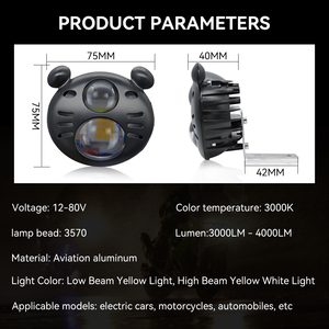 Faro Delantero para Motocicleta de Súper Brillo, Diseño de Cabeza de Gato, 30W, 2 Lentes, Luces Antiniebla para Conducir, Faros LED Impermeables para Camioneta ATV - Product Image 2