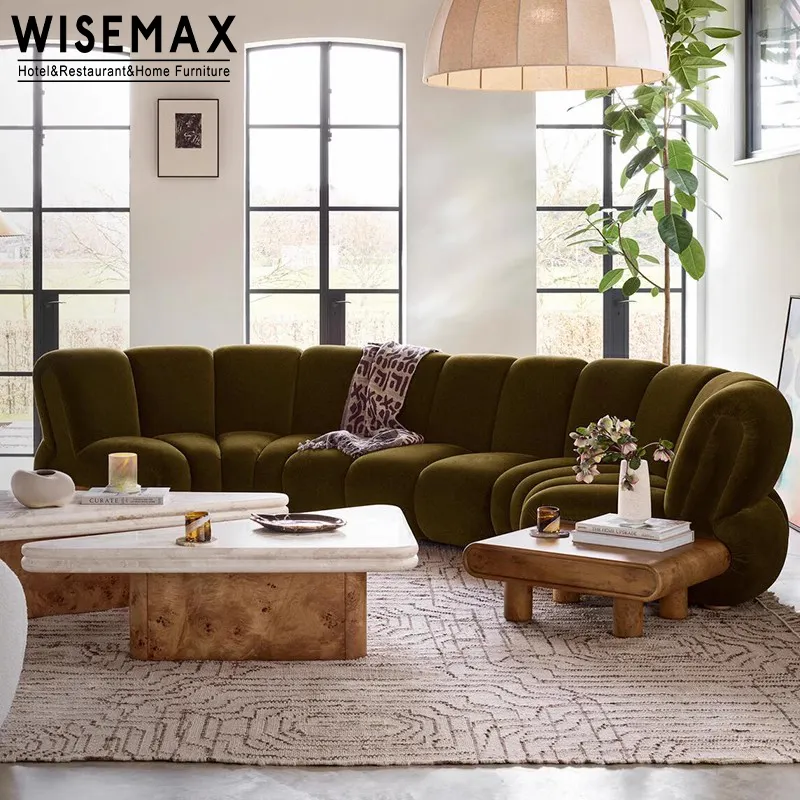 WISEMAX set sofa kain modern, set sofa lantai modular melengkung kain teddy dengan meja untuk hotel