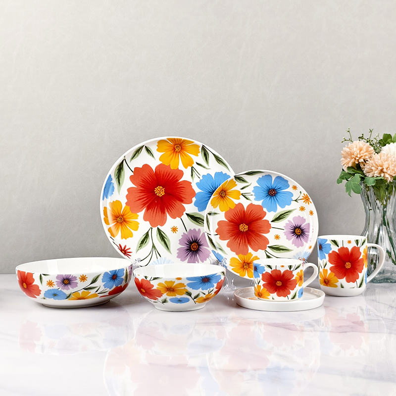 Hot Sale Porcelain Decal Tableware Flower Printed Wedding Dinner Plates Rice Bowl Fruit Plate Ceramic Dinnerware