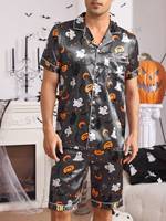 Ventes en gros de pyjamas en satin pour couples à l'occasion d'Halloween, imprimés fantômes et citrouilles, pyjamas à manches courtes avec boutons