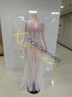 Robe de soirée Ocstrade scintillante argentée en maille transparente, ornée de cristaux 3D floraux, col en V profond, à lacets, avec sequins, pour bal de promo ou soirée formelle