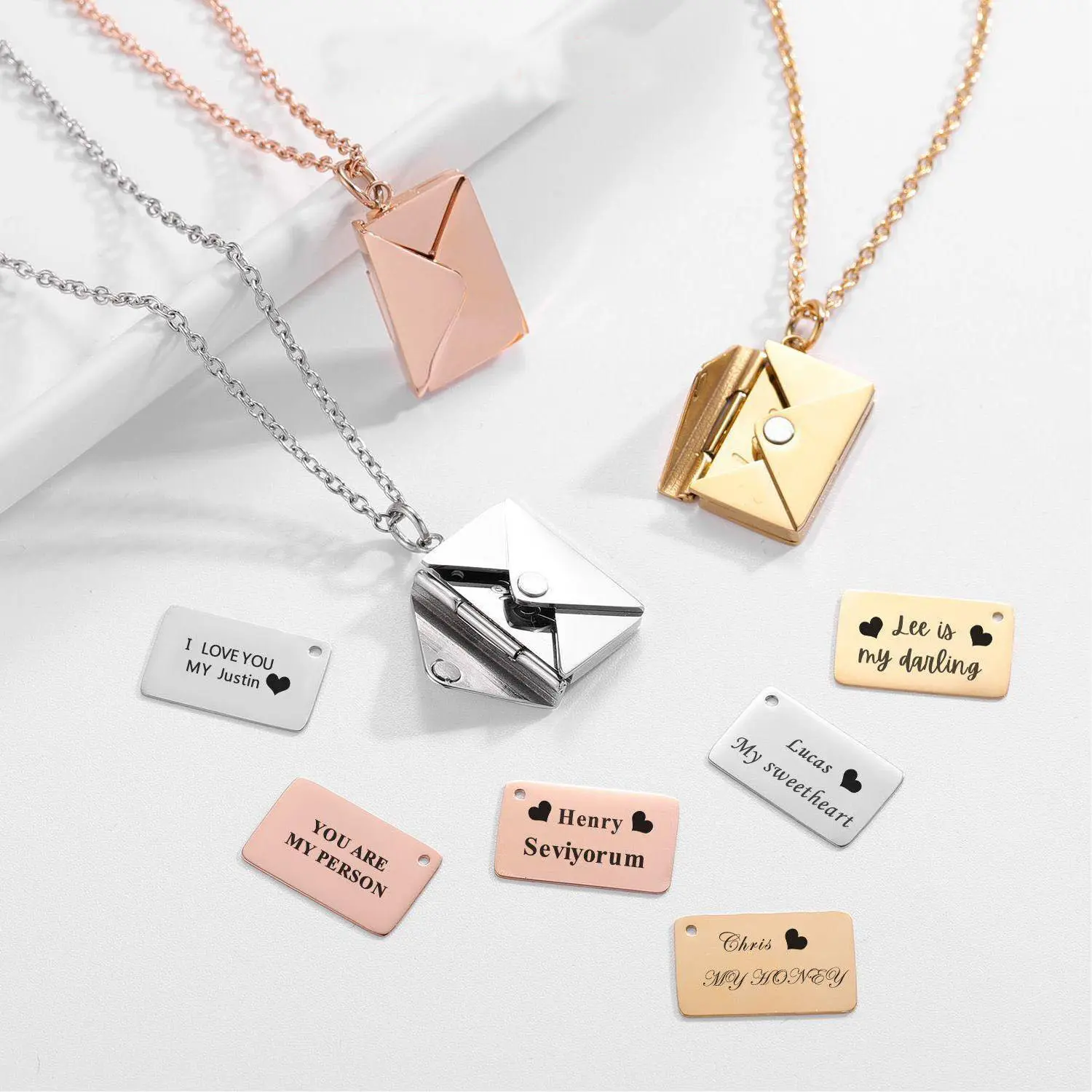 Fashion Romantic Valentine'S Gift Girlfriend Personalized Love Letter Envelope Custom Pendant Stainless Steel Couple Necklace
