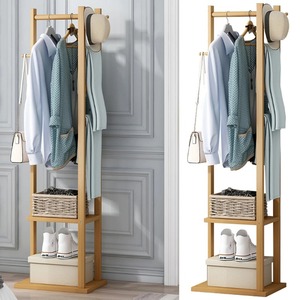 Porte-vêtements en bambou, support pour vêtements, chapeaux, chaussures, cintre en <span class=keywords><strong>bois</strong></span>, étagère, rangement, rail de suspension pour vêtements, crochets - Product Image 1