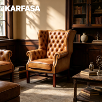 Fauteuil Chesterfield à dossier haut en cuir pleine fleur, capitonné, avec garniture cloutée, pieds en bois massif, pour salon et bureau à domicile