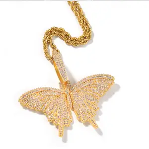 wholesale robe rope chain gold rose gold silver plated cubic zirconia beads micro paving bling butterfly iced necklace