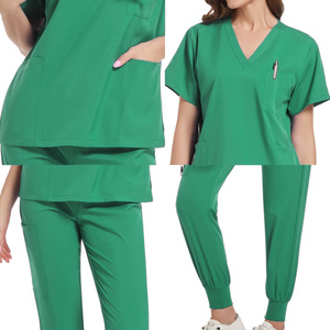 Women Scrub Suit Set Green Short Sleeve V Neck Elastic Cuff <b>Pants</b> Moisture Wicking Hospital <b>Work</b> Uniform Split Set - Product Image 1