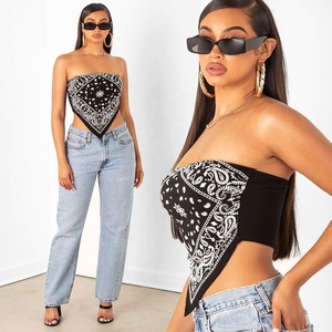 Camiseta de punto informal para mujer, nueva moda de verano, sexy, estampada, sin hombros, sin tirantes, con diseño de <span class=keywords><strong>pañuelo</strong></span>/bandana - Product Image 2
