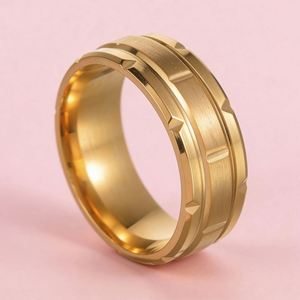 패션 8mm 벽돌 패턴 스테인리스 스틸 반지 남성용 블랙 브러시드 더블 그루브 남성 약혼 반지 웨딩 밴드 주얼리 - Product Image 6