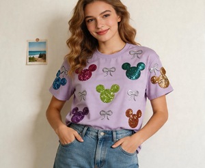High Quality Reversible Shiny Sequin <strong>T</strong> <strong>Shirt</strong> Transfer Print Logo Pattern <strong>Funny</strong> Fashion Cotton Sequin <strong>T</strong> <strong>Shirt</strong> Women Custom logo - Product Image 2