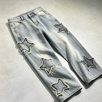Dayanıklı Hafif Vintage Yıkama Ham Saçaklı Yıldız Yamalı Bol Paça Geniş Bacak Denim Pantolon Erkek Orta Bel Rahat Düz Özel Tasarım 183