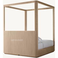 Cadre de lit plateforme minimaliste en chêne massif cannelé, lit à baldaquin moderne taille King pour la maison et l'hôtellerie