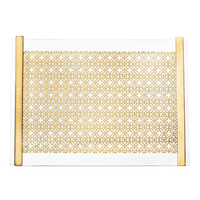 Plateau de service en acrylique, plateau en plexiglas haut de gamme avec filigranes en laiton brillant et poignées métalliques, plateau à café et à collations en lucite pour table