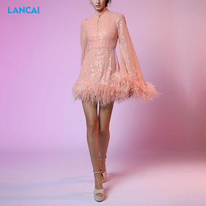 Vestidos de fiesta transparentes con adornos de plumas de avestruz elegantes personalizados Vestidos de mujer de lentejuelas de plumas de lujo - Product Image 3