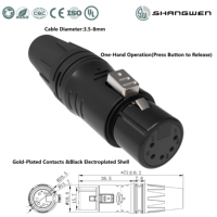 Câble audio pour microphone avec connecteur XLR 5 broches mâle-femelle, conducteur doré, coque IP40 pour intérieur, noir
