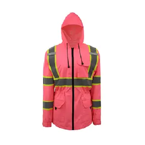 Pink High Visibility Reflective Rain Suits Safety Raincoat Jacket with Pockets
