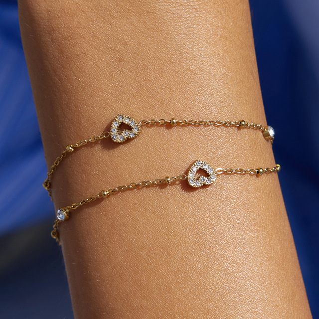 Dainty Women Jewelry Waterproof 18K PVD Gold Plated Stainless Steel Double Layer Zircon Heart Bracelet