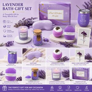Set de Regalo para Baño y Ducha, Sal de Baño Morada, Vela, Jabón, Bomba de Baño con Aroma Floral, Regalo Relajante para Ella - Product Image 4
