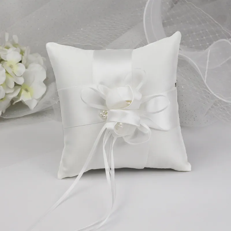 Exquisite Wedding Ring Pillow Ribbon Bow Satin Engagement Ring Pillow Flower Bud Bridal Ring Pillow