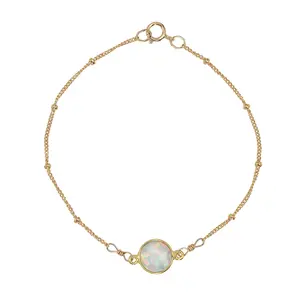 Dainty s925 sterling silver gold plated beaded chain natural round blue opal real gem stone bracelet