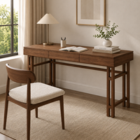Bureau Japandi en bois massif 150 cm, grande table de maison avec 3 tiroirs et cadre architectural pour intérieurs d'appartements haut de gamme