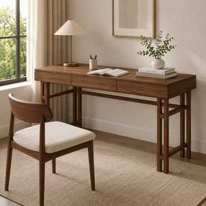 <span class=keywords><strong>Scrivania</strong></span> Japandi in Legno Massello 150cm, Grande Tavolo da Casa <span class=keywords><strong>con</strong></span> 3 Cassetti e Struttura Architettonica per Interni di Appartamenti di Lusso - Product Image 1