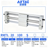 Cylindre sans tige à couplage magnétique AirTAC Type RMTL40 avec transmission de puissance linéaire et amortisseur hydraulique