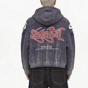 Hoodie court personnalisé sérigraphié en coton, motif graphique délavé à l'acide, de créateur, vente en gros, poids lourd, à fermeture éclair pour hommes - Product Image 2