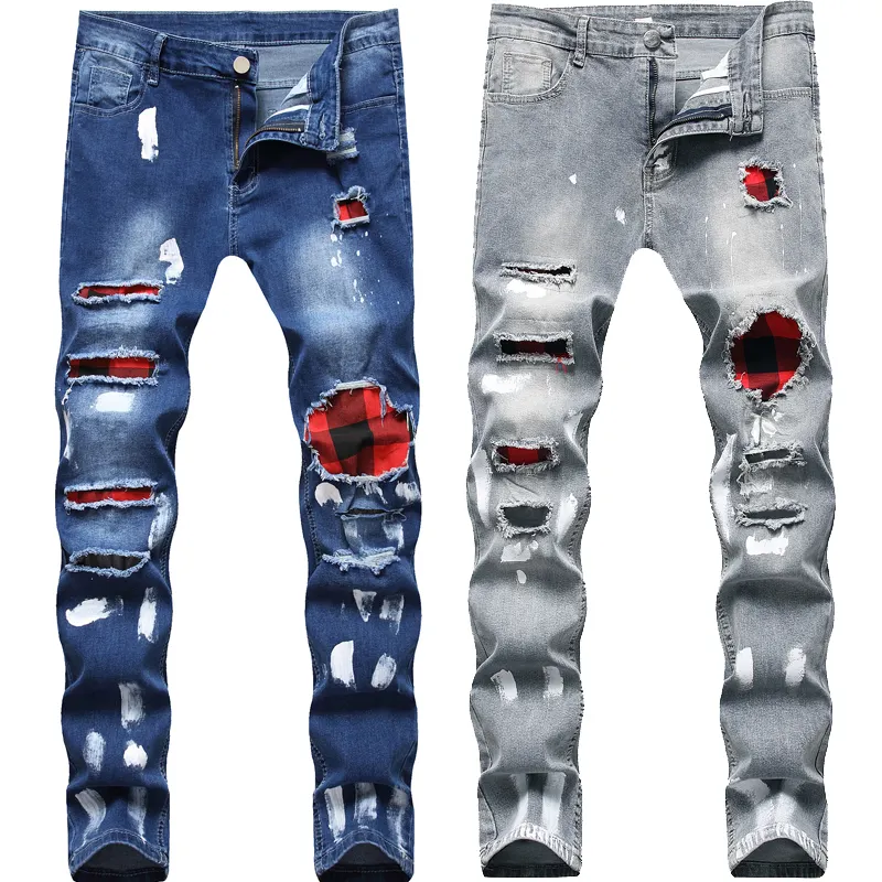 Wholesale Factory Broken Hole Patchwork Custom Men Denim Pants Ripped Hip Hop Men's Jeans