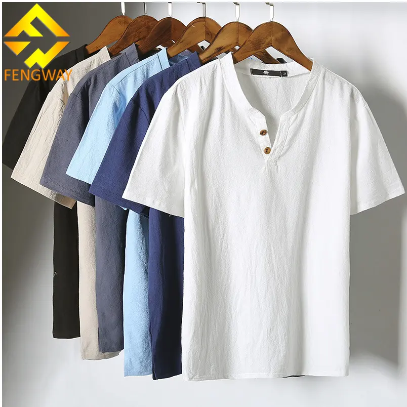 Fengway Custom Cotton Linen Short Sleeve T-Shirt Button Collar Plus Size Tee Shirt Men's Thin Casual T Shirt