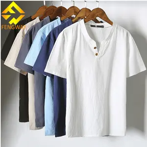 Fengwayカスタムコットンリネン半袖TシャツボタンカラープラスサイズTシャツメンズシンカジュアルTシャツ