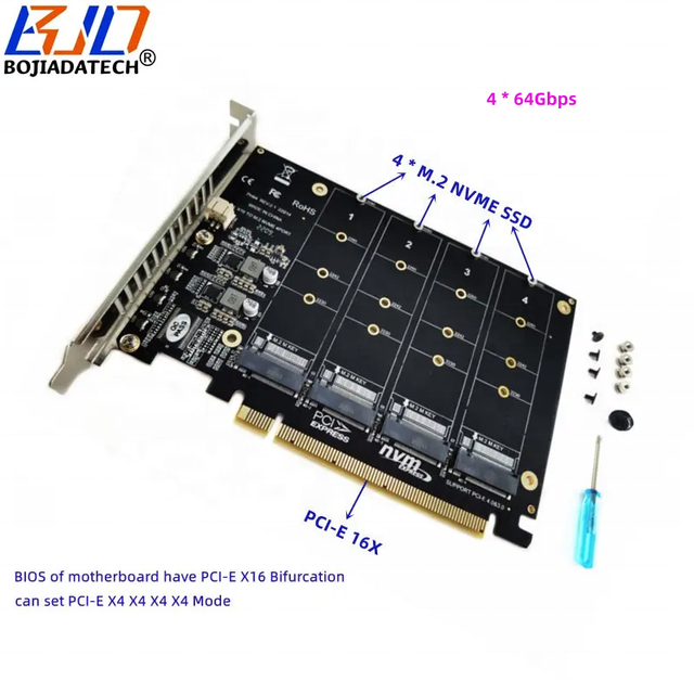 Factory Direct Sale PCIe 3.0 PCl-E 4.0 16X to 4 Ports M.2 NVMe Key-M SSD Adapter Raid Card MB Support PCIe X4X4X4X4 Bifurcation