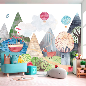 Papel Tapiz Mural Moderno Impermeable con Diseño de Nubes, Globos, Ardillas y Bosque Cómico para Habitación Infantil, Sala de Estar o Dormitorio - Product Image 1