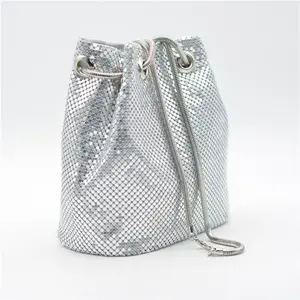 Vintage chain mail handbags Y2K Girls elegant shoulder bucket bags lady silver aluminum sequin bucket hand bags